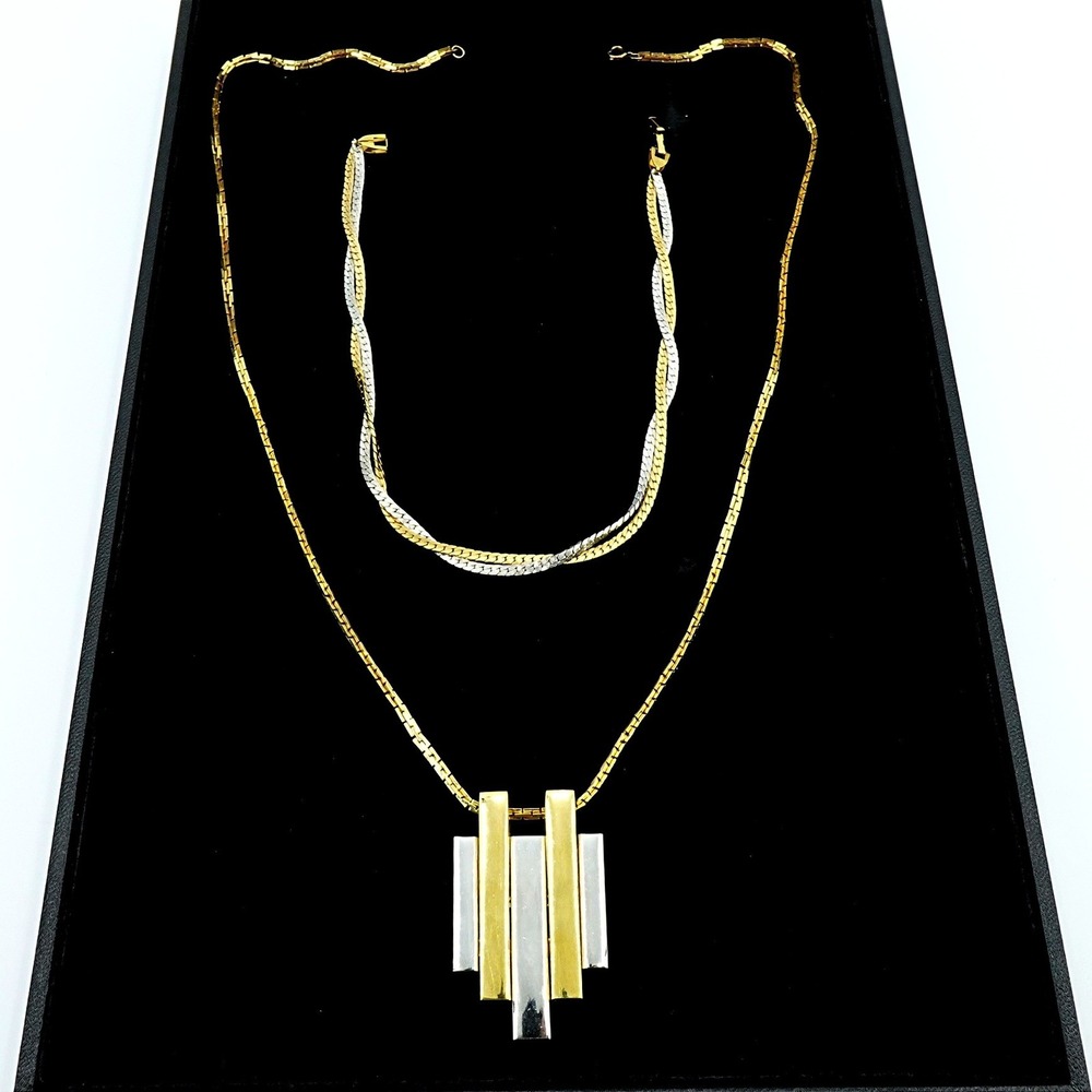 VTG‎ 1970s Avon Two Tone Geometric Necklace and Interweave Choker Statement